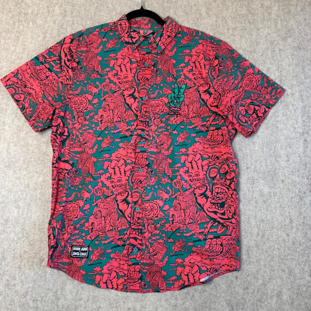 Santa Cruz x Killer Acid Button Up Shirt Mens M Pink Teal Psychedelic Print